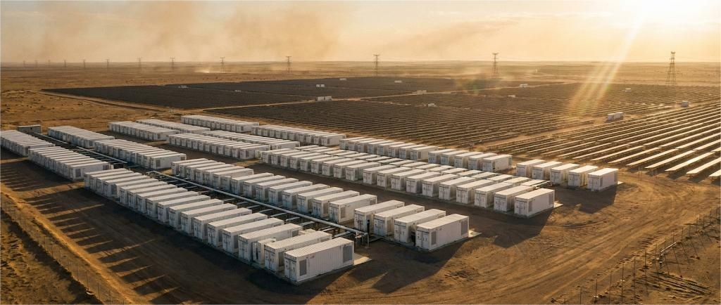 Aerial view of a massive utility-scale battery energy storage station in a desert solar farm, representing the future of turnkey ESS engineering and green power solutions.